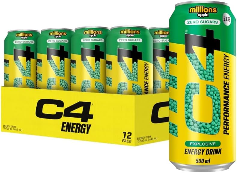 C4 Energy Millions Apple Zero Sugar Energy Drink, 500ml (Pack of 12) Delicoius And Tasty "A symphony of flavors"