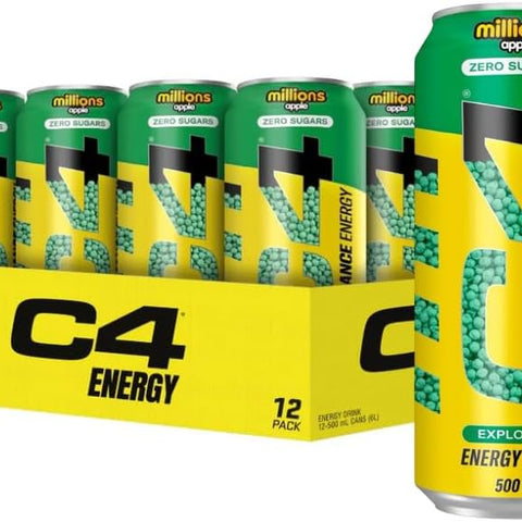 C4 Energy Millions Apple Zero Sugar Energy Drink, 500ml (Pack of 12) Delicoius And Tasty 
