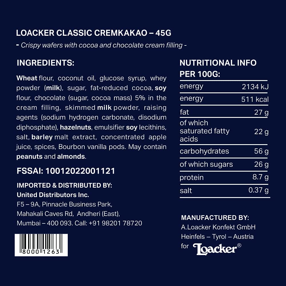 Loacker Classic Wafer Cremkakao Chocolate - 45g (Pack Of 25) "Taste the sweetness in every bite" For All Occasions