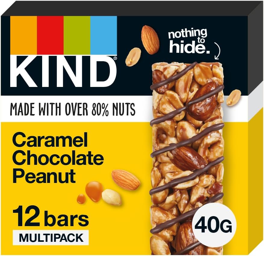 Kind Bars Caramel Chocolate Peanut, High Fibre Healthy Snack Bars 40g (Pack Of 12) "Serving up some sweet happiness." For All Occasions