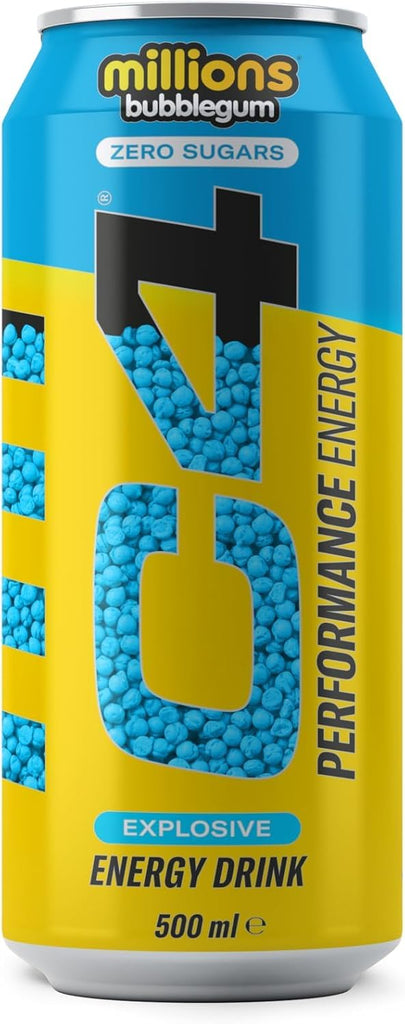 C4 Performance Energy Drink Millions Bubblegum Flavor Zero Sugar (Pack of 12) "Formulated To Invigorate And Energize"