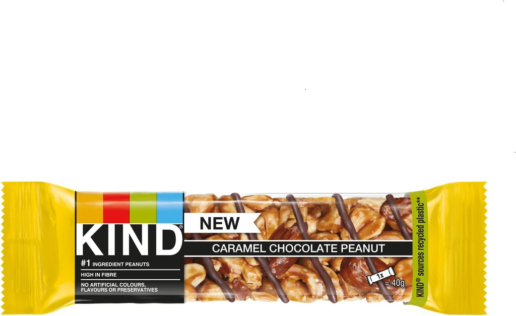 Kind Bars Caramel Chocolate Peanut, High Fibre Healthy Snack Bars 40g (Pack Of 12) "Serving up some sweet happiness." For All Occasions