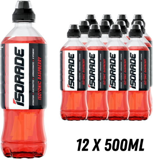 Isorade Isotonic Raspberry - Hydration & Performance Drink - Electrolytes, Carbohydrates, B Vitamins 500ml (Pack of 12) “Charge Your Life, One Sip at a Time”
