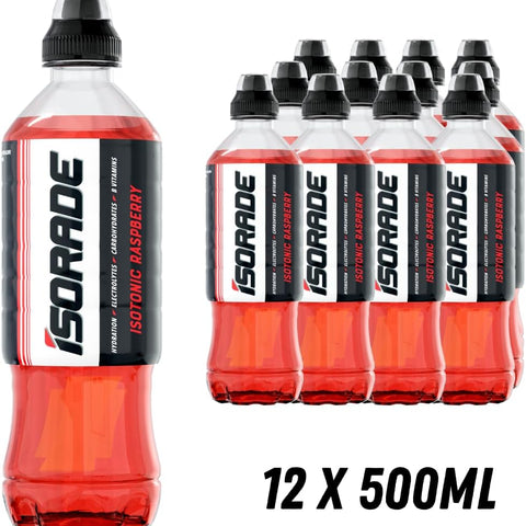 Isorade Isotonic Raspberry - Hydration & Performance Drink - Electrolytes, Carbohydrates, B Vitamins 500ml (Pack of 12) “Charge Your Life, One Sip at a Time”