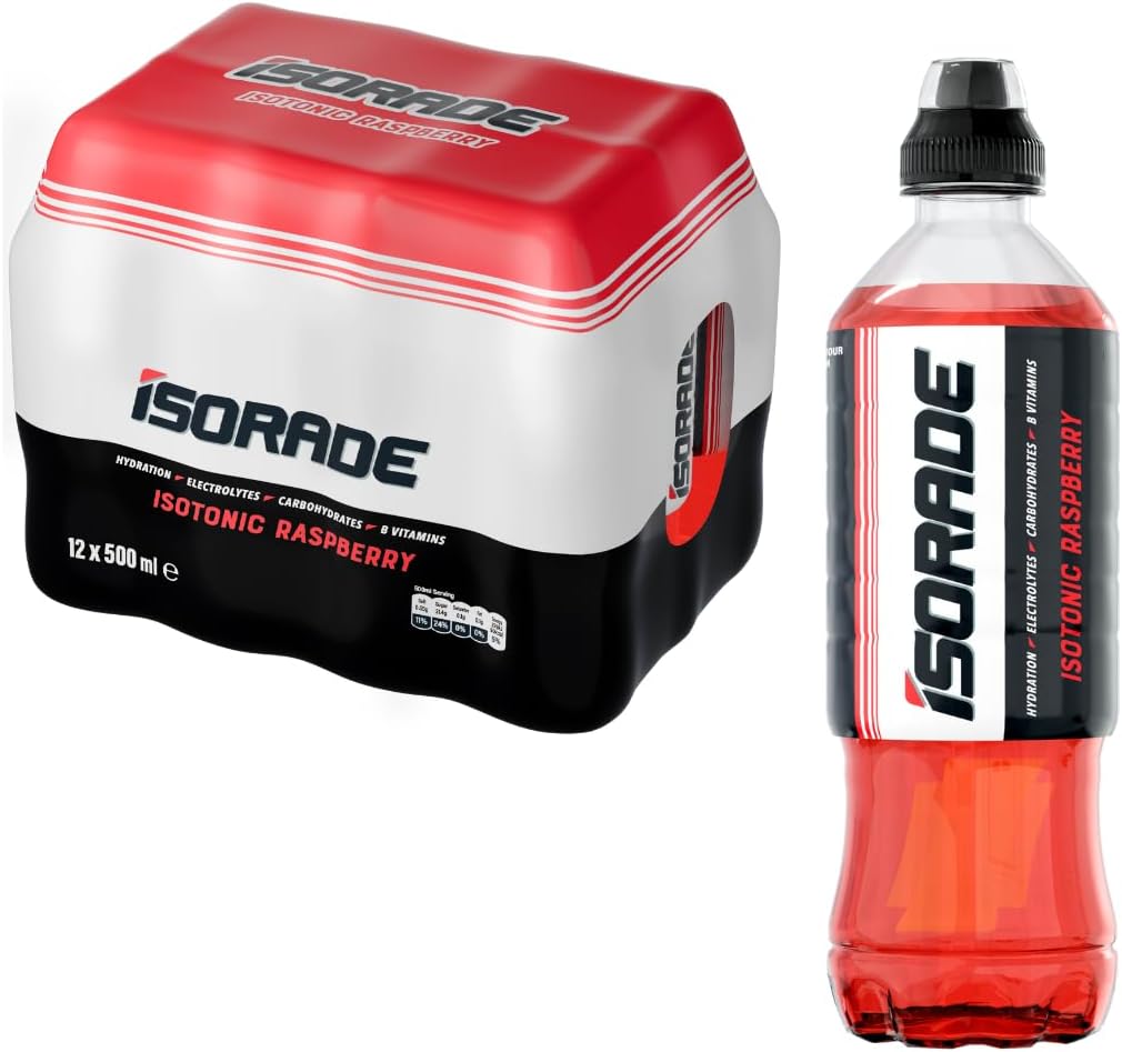 Isorade Isotonic Raspberry - Hydration & Performance Drink - Electrolytes, Carbohydrates, B Vitamins 500ml (Pack of 12) “Charge Your Life, One Sip at a Time”