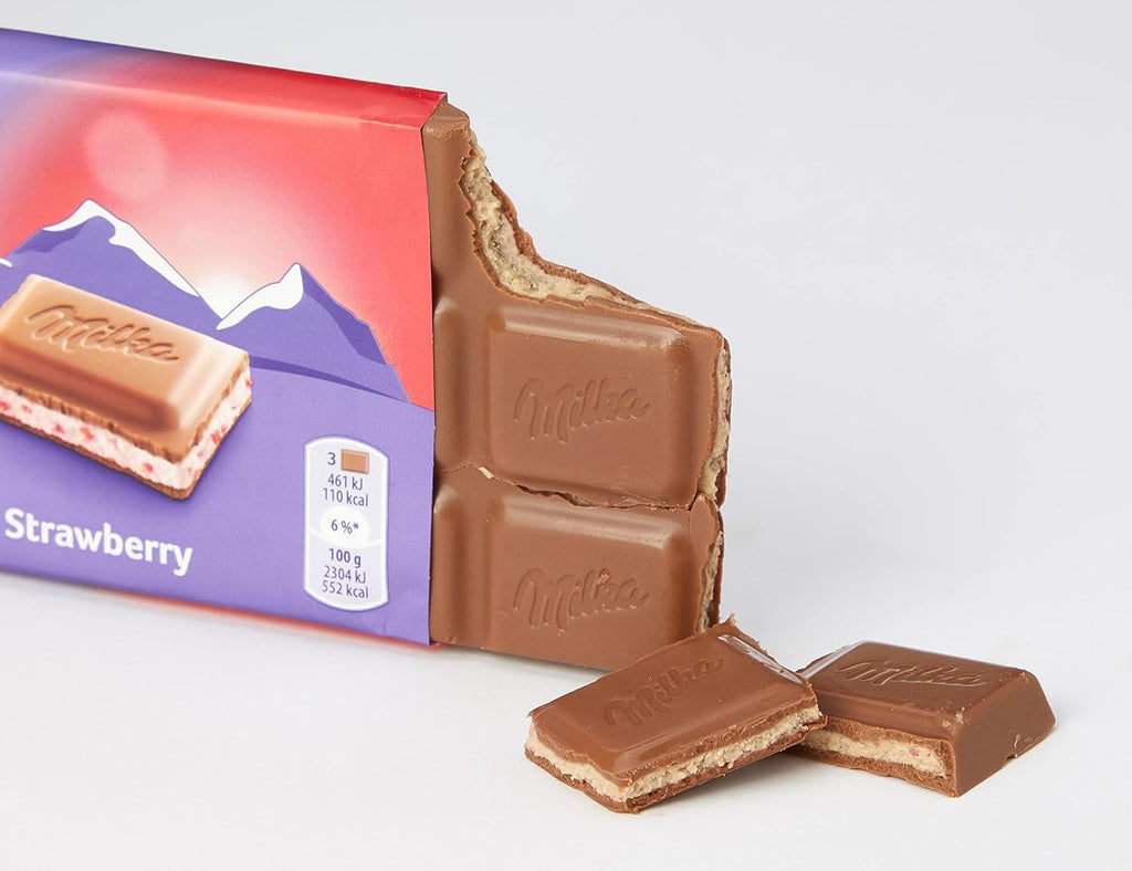 Milka Strawberry 100% Apline Milk Chocolate Bar 10 Pcs {(Box}) "Taste The Sweetness In Every Bite"