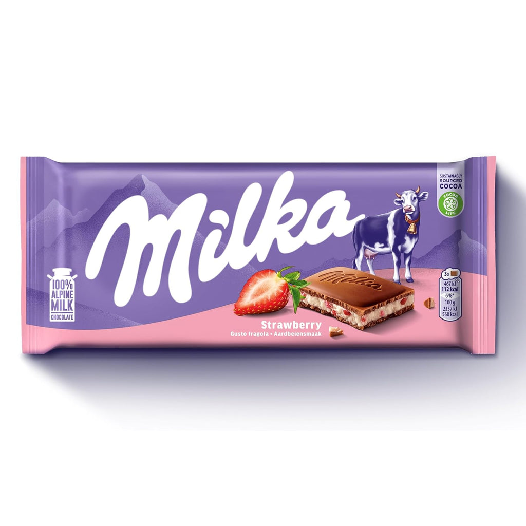 Milka Strawberry 100% Apline Milk Chocolate Bar 10 Pcs {(Box}) "Taste The Sweetness In Every Bite"