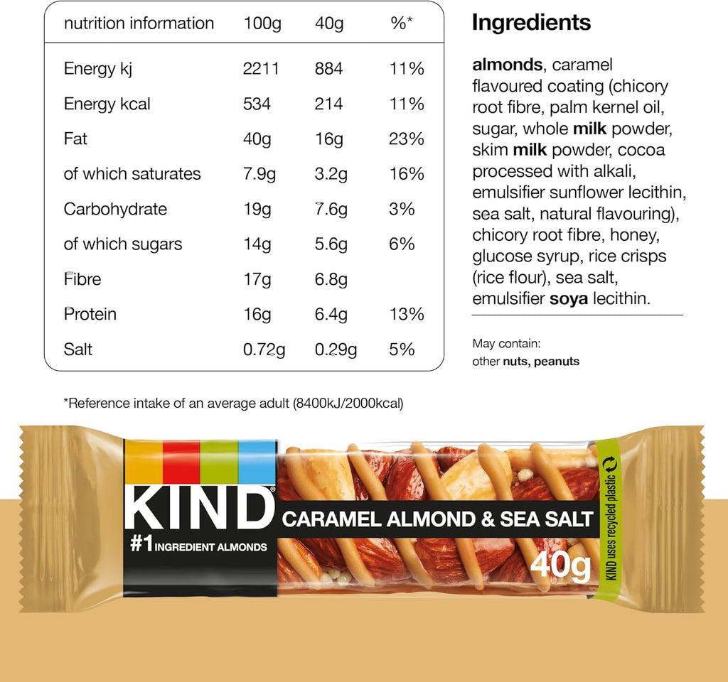 Kind Bars, Gluten Free Snack Bars, Caramel Almond & Sea Salt 40g (Pack Of 12) "Taste the sweetness in every bite" For All Occasions