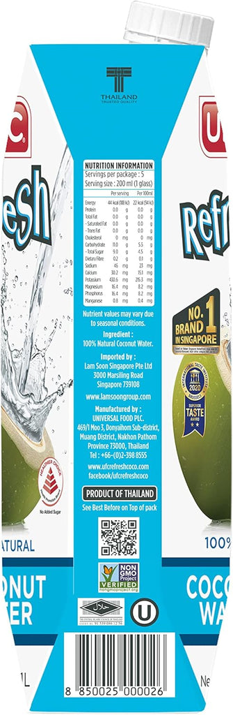 UFC Refresh 100% Natural Coconut Water 1Ltr (Pack of 6) "Deliciousness that brings a smile" For All Occasions