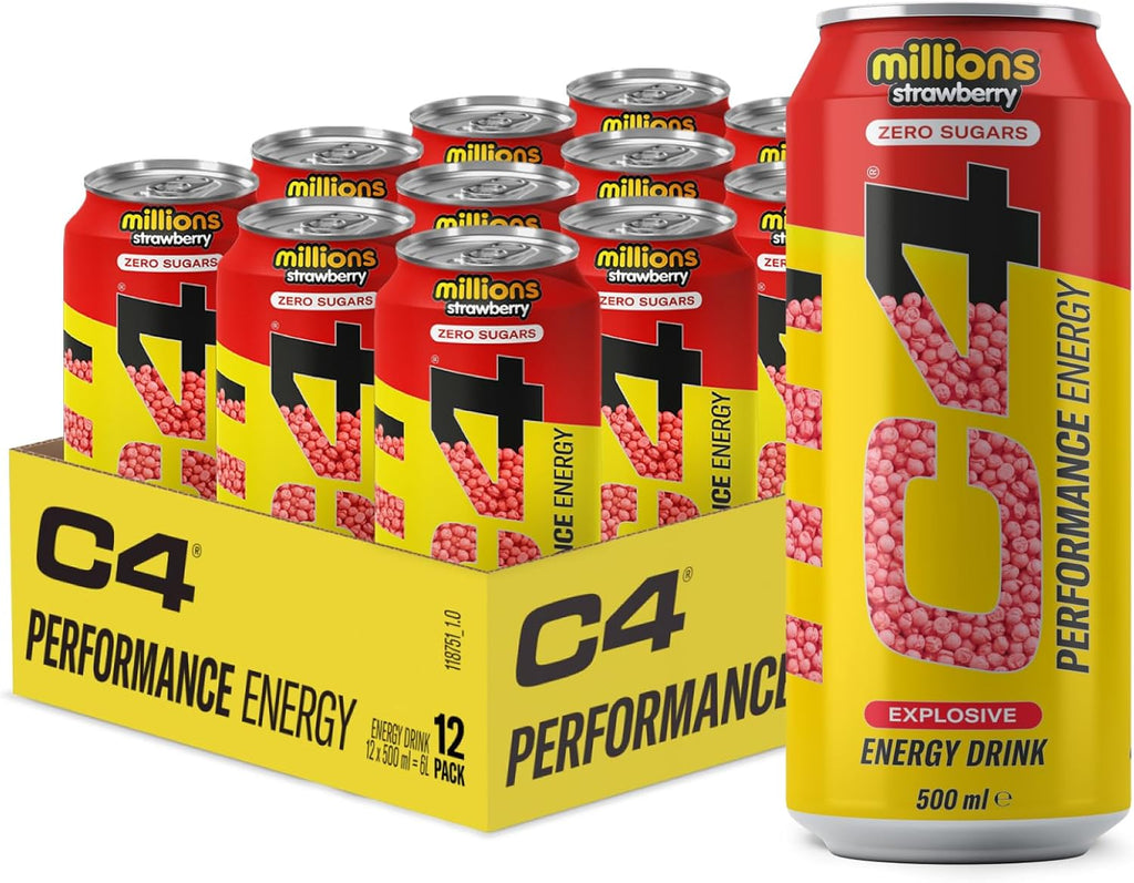C4 Drink Millions Strawberry Zero Sugar Energy Drink 500ml (Pack of 12) "A symphony of flavors"