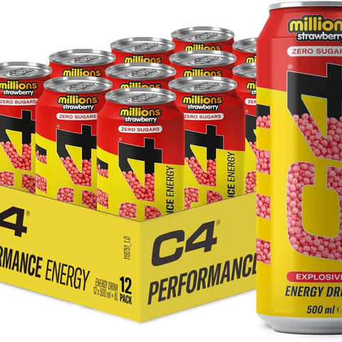 C4 Drink Millions Strawberry Zero Sugar Energy Drink 500ml (Pack of 12) 