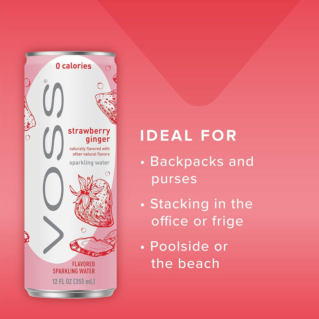 VOSS Strawberry Ginger Flavoured Sparkling Water 330ml (Pack of 10) Zero Calories, No Sugar, Naturally Sourced