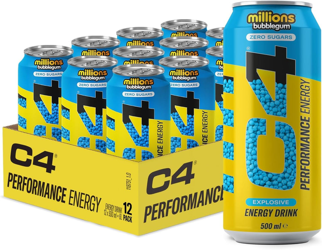 C4 Performance Energy Drink Millions Bubblegum Flavor Zero Sugar (Pack of 12) "Formulated To Invigorate And Energize"