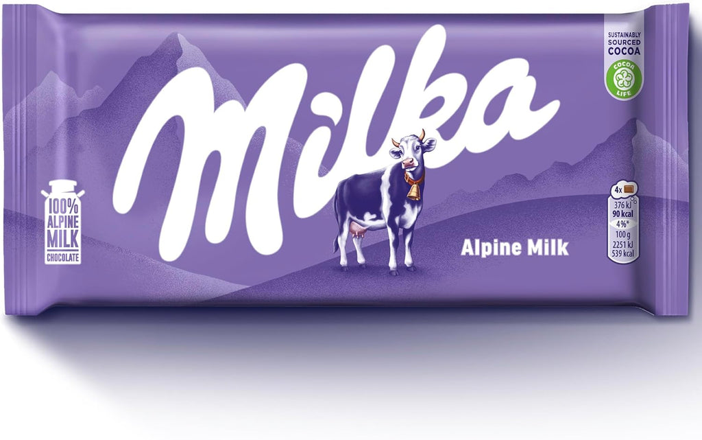 Milka Alpine Milk Chocolate Bars, Smooth and Creamy Chocolate Made with 100% Alpine Milk, Perfect for Sharing, 90 g, Bulk Buy (Pack of 25)