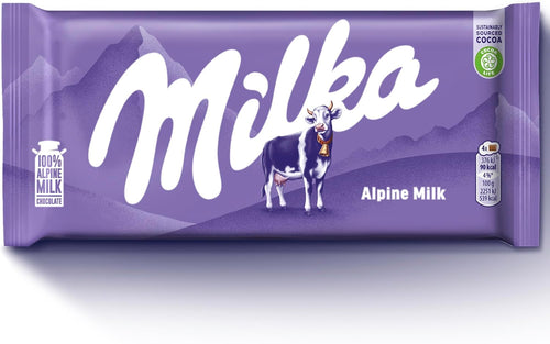 Milka Alpine Milk Chocolate Bars, Smooth and Creamy Chocolate Made with 100% Alpine Milk, Perfect for Sharing, 90 g, Bulk Buy (Pack of 12)