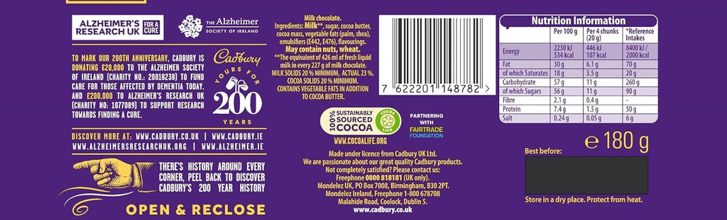 Cadbury Dairy Milk Chocolate Bar, The Classic Creamy Taste of Smooth Milk Chocolate to Share, Gift or Snack, 180 g (Pack of 4)
