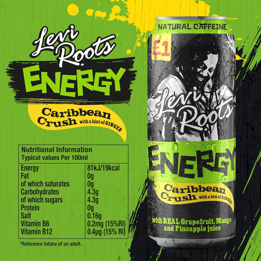 Levi Roots Energy Drink Caribbean Crush With Hint Of Ginger 500ml (Pack of 12) "Deliciousness that brings a smile" For All Occasions