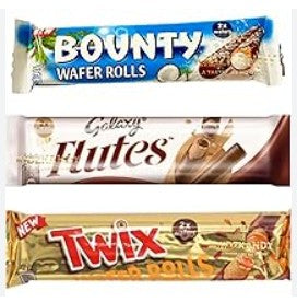 Galaxy-Bounty-Twix-Flutes A Delicious Chocolate-Filled Wafer Sticks Mix 12 Bars Chocolate Hamper Box– Perfect Snack for Chocolate Lovers! Chocolate Hamper Valentine Day Gift