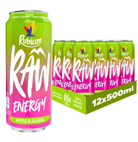 Rubicon RAW Apple & Guava 500ml Energy Drink, 20% Real Fruit Juice, High caffeine (Pack of 12) "Ignite Your Passion with Every Sip" For All Occasions