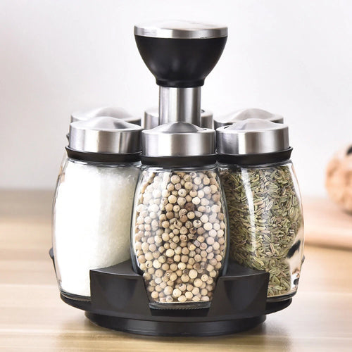 6pcs Glass Spice Jars Carousel Herbs Container w/Rotating Revolving Rack Stand Carousel Herbs Container w/Rotating Revolving Rack Stand