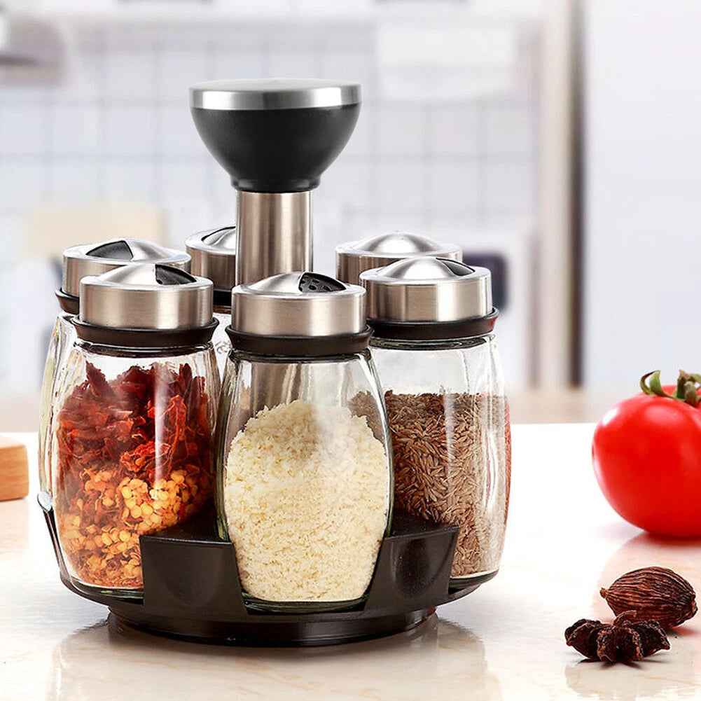 6pcs Glass Spice Jars Carousel Herbs Container w/Rotating Revolving Rack Stand Carousel Herbs Container w/Rotating Revolving Rack Stand