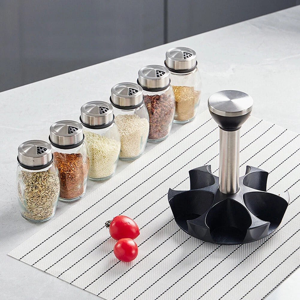 6pcs Glass Spice Jars Carousel Herbs Container w/Rotating Revolving Rack Stand Carousel Herbs Container w/Rotating Revolving Rack Stand