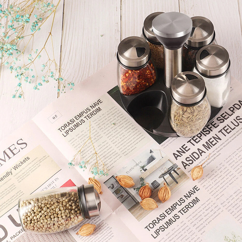 6pcs Glass Spice Jars Carousel Herbs Container w/Rotating Revolving Rack Stand Carousel Herbs Container w/Rotating Revolving Rack Stand