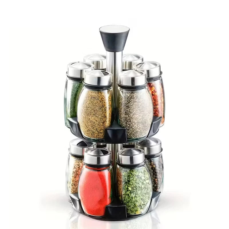 12Pcs Jar Stainless Steel Rotating Spice Rack with Clear Glass Jars - 360°