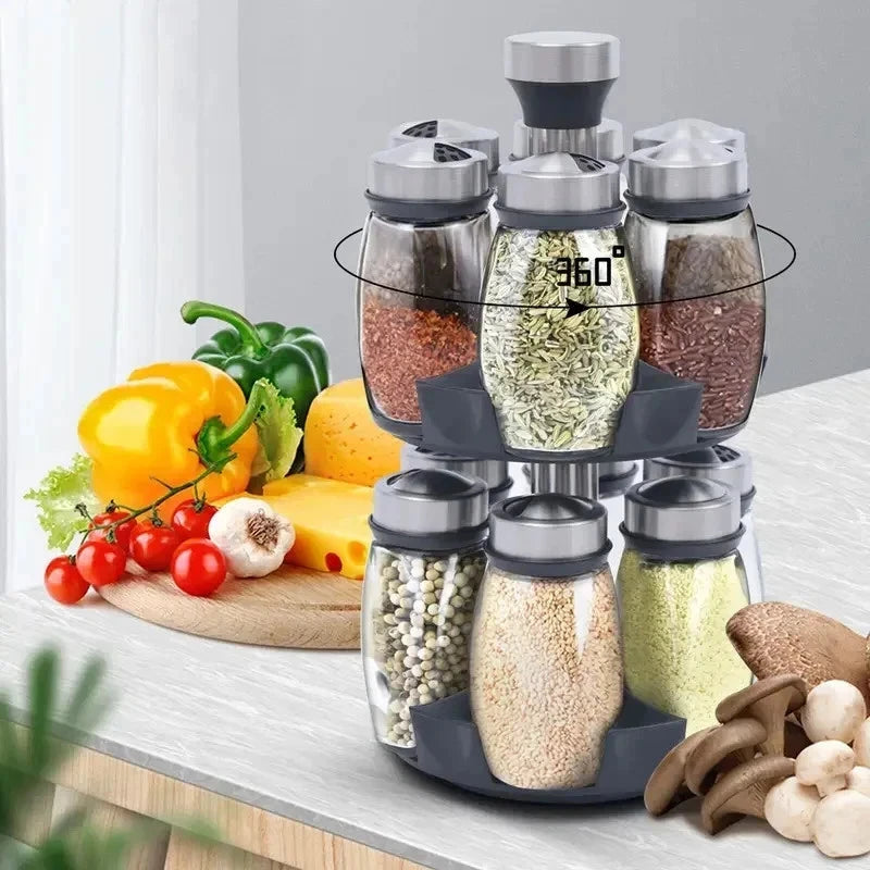 12Pcs Jar Stainless Steel Rotating Spice Rack with Clear Glass Jars - 360°