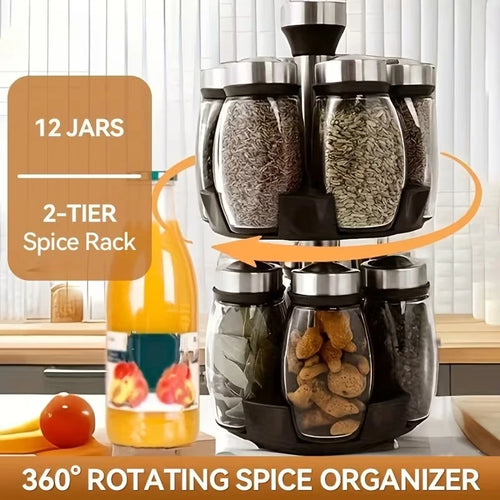 12Pcs Jar Stainless Steel Rotating Spice Rack with Clear Glass Jars - 360°